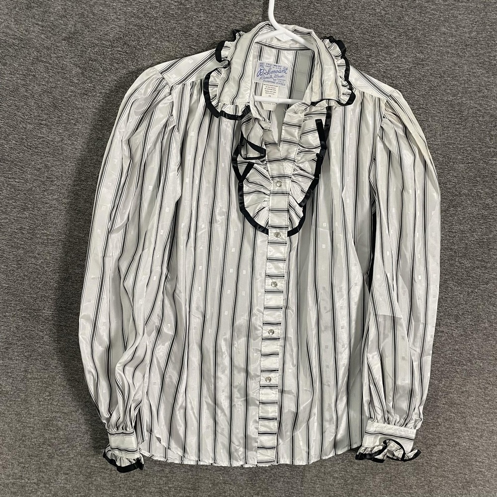 Vintage Rockmount Ranch Wear Shirt Women 36 White Stripe Ruffle Snap Long Sleeve